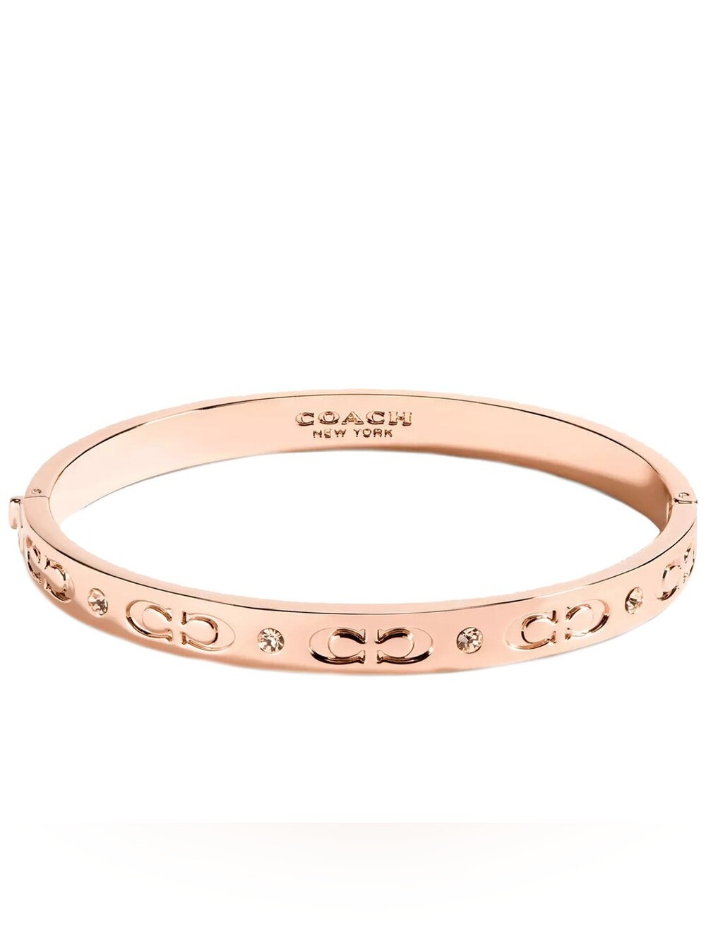 COACH Rose Gold Kissing C Signature Hinged Bangle Bracelet with Crystals